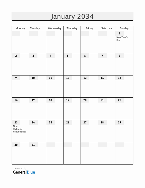 Philippines January 2034 Calendar with Holidays