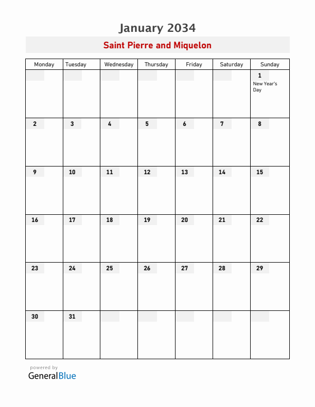 Saint Pierre and Miquelon January 2034 Calendar with Holidays