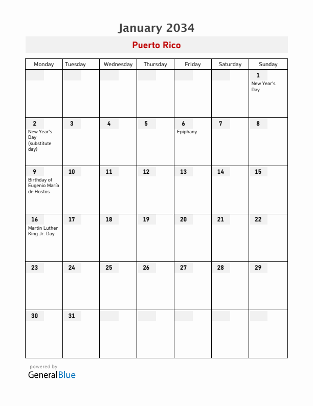 Puerto Rico January 2034 Calendar with Holidays