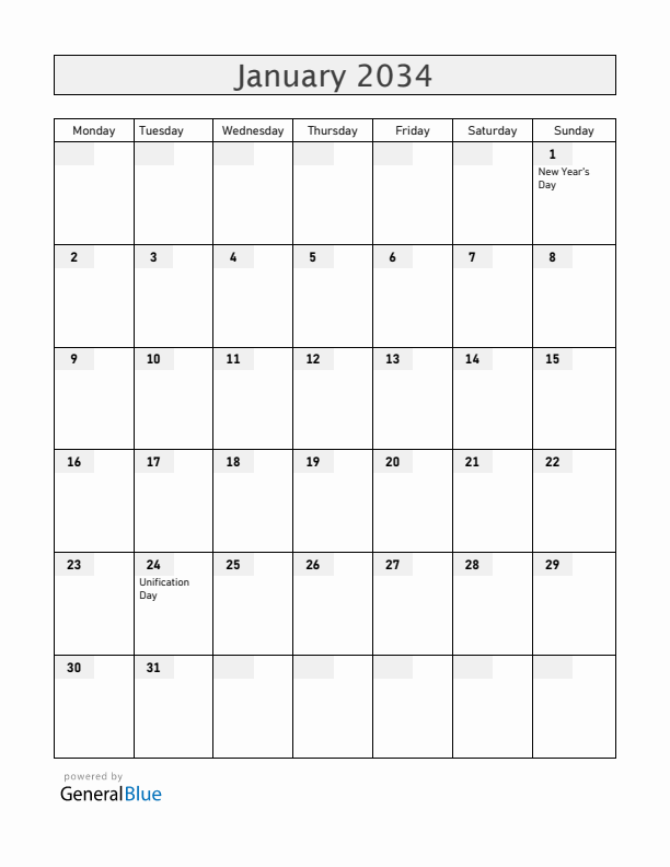 Romania January 2034 Calendar with Holidays