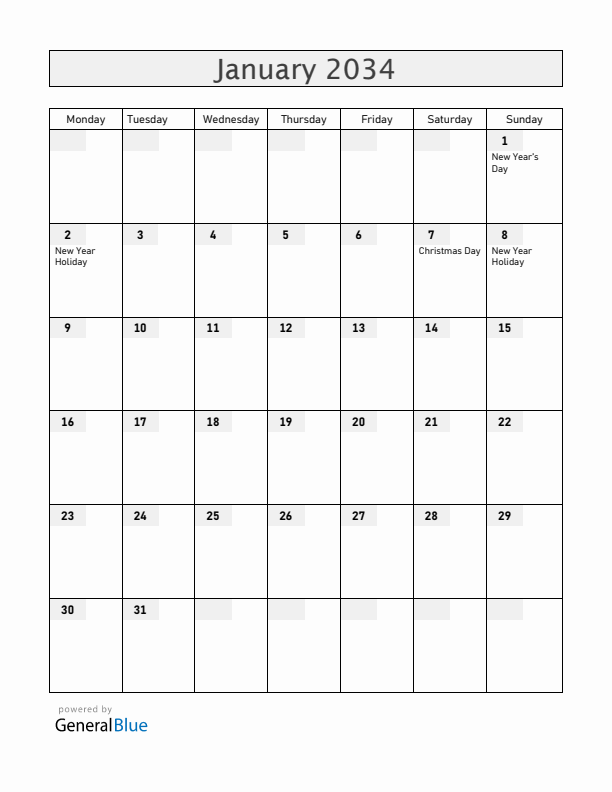 Russia January 2034 Calendar with Holidays