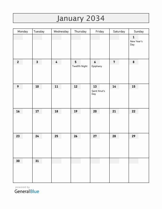 Sweden January 2034 Calendar with Holidays