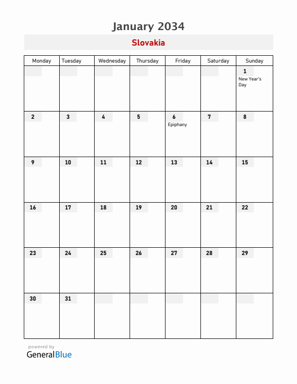 Slovakia January 2034 Calendar with Holidays