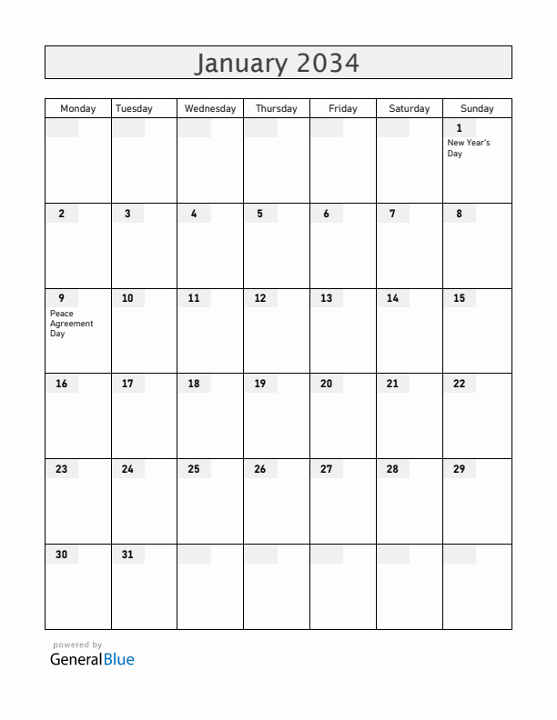 South Sudan January 2034 Calendar with Holidays