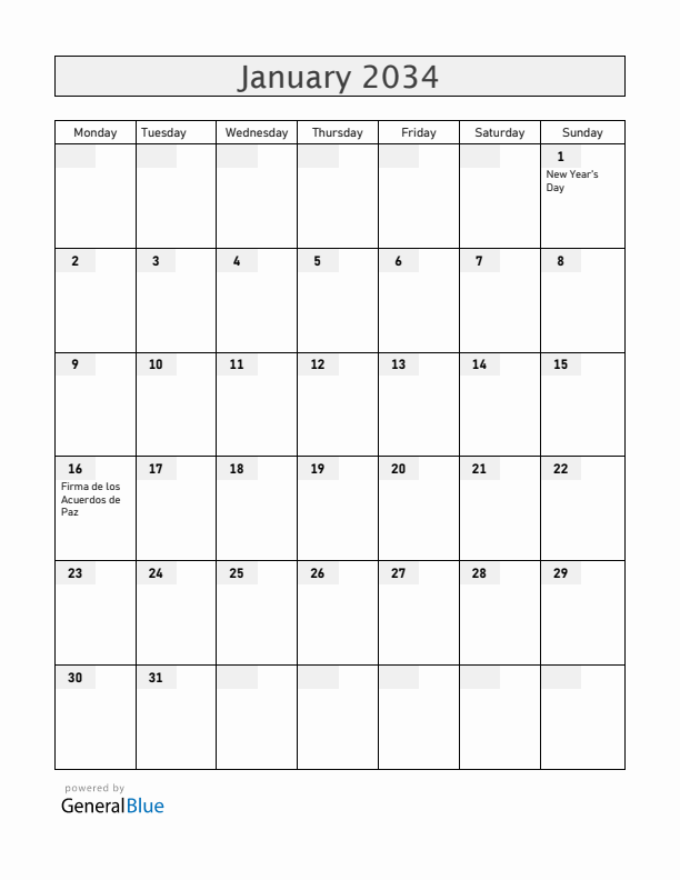 El Salvador January 2034 Calendar with Holidays