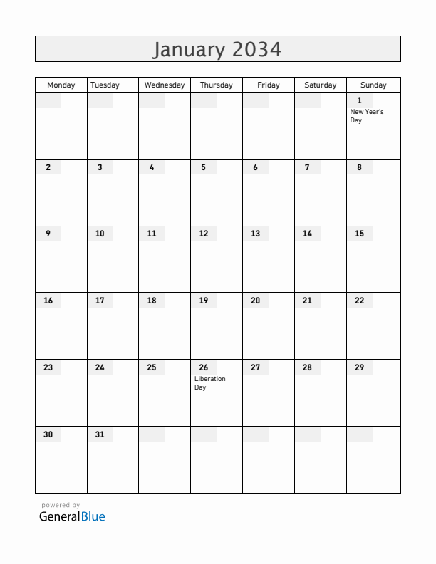 Uganda January 2034 Calendar with Holidays