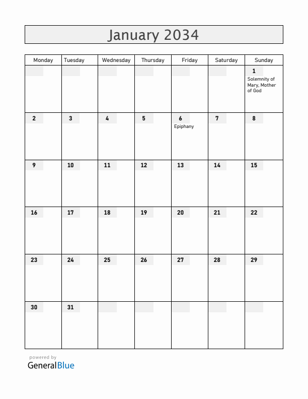 Vatican January 2034 Calendar with Holidays