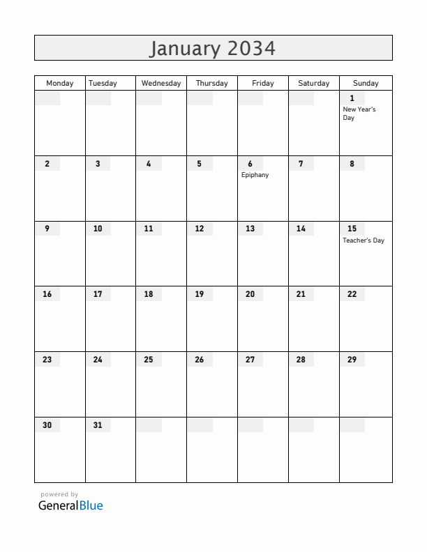 Venezuela January 2034 Calendar with Holidays