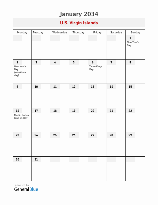 U.S. Virgin Islands January 2034 Calendar with Holidays