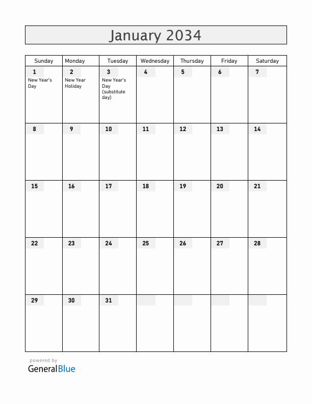 Albania January 2034 Calendar with Holidays
