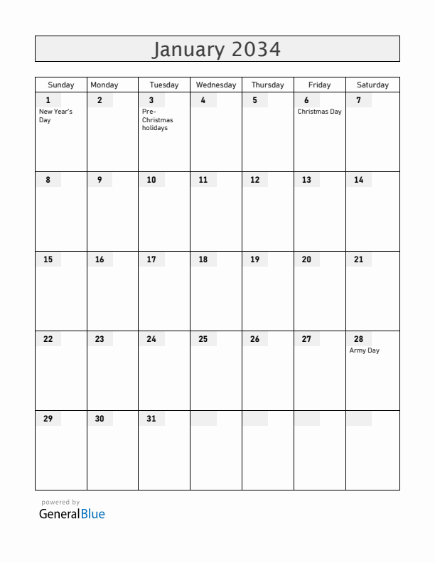 Armenia January 2034 Calendar with Holidays