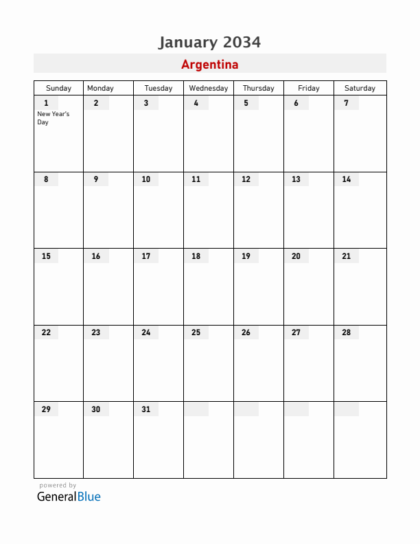Argentina January 2034 Calendar with Holidays