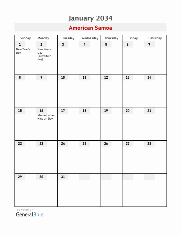 American Samoa January 2034 Calendar with Holidays