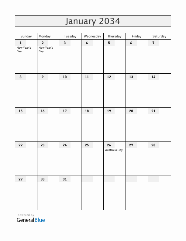 Australia January 2034 Calendar with Holidays