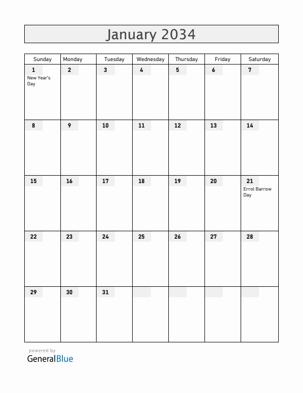 Barbados January 2034 Calendar with Holidays
