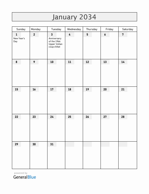 Burkina Faso January 2034 Calendar with Holidays