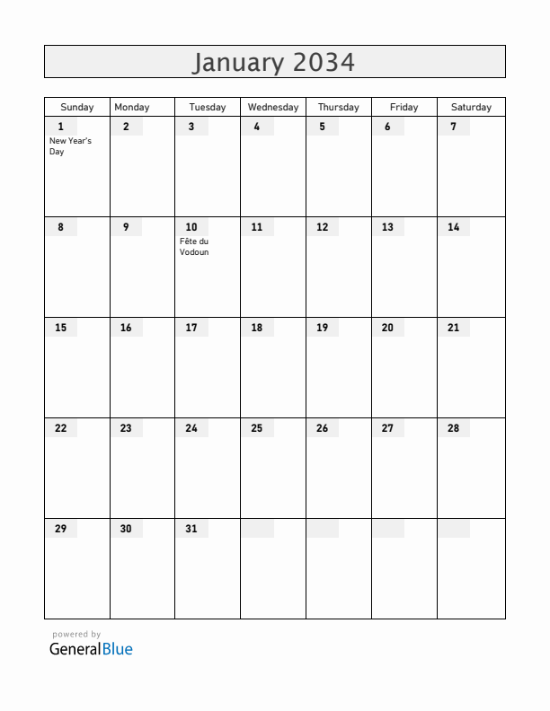 Benin January 2034 Calendar with Holidays