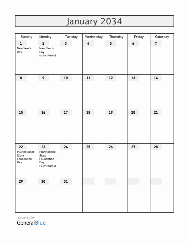 Bolivia January 2034 Calendar with Holidays