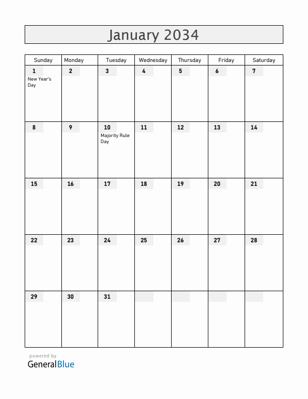 Bahamas January 2034 Calendar with Holidays