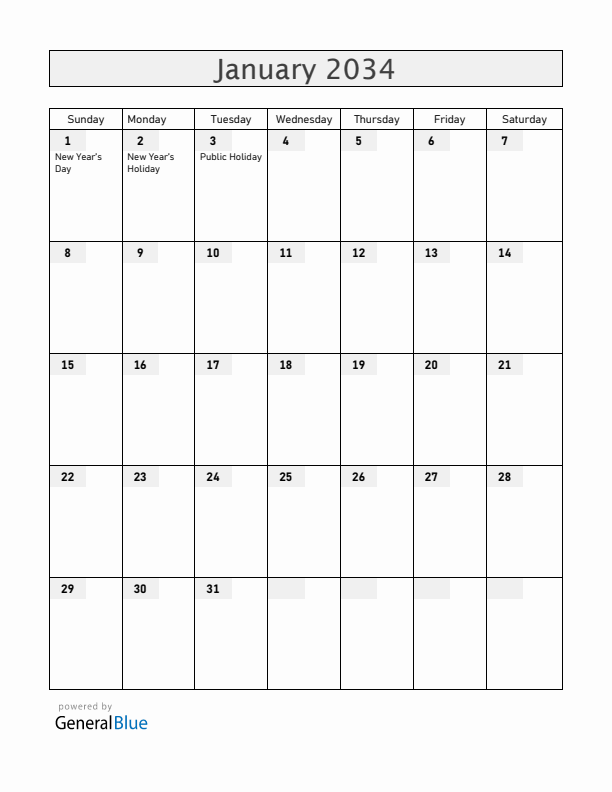 Botswana January 2034 Calendar with Holidays
