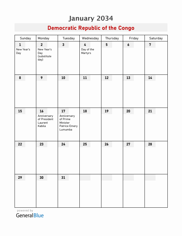 Democratic Republic of the Congo January 2034 Calendar with Holidays