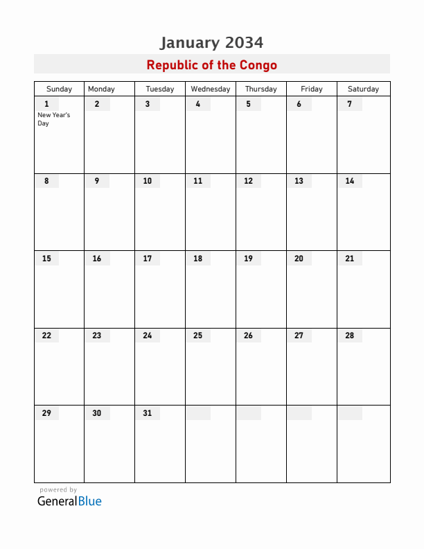 Republic of the Congo January 2034 Calendar with Holidays
