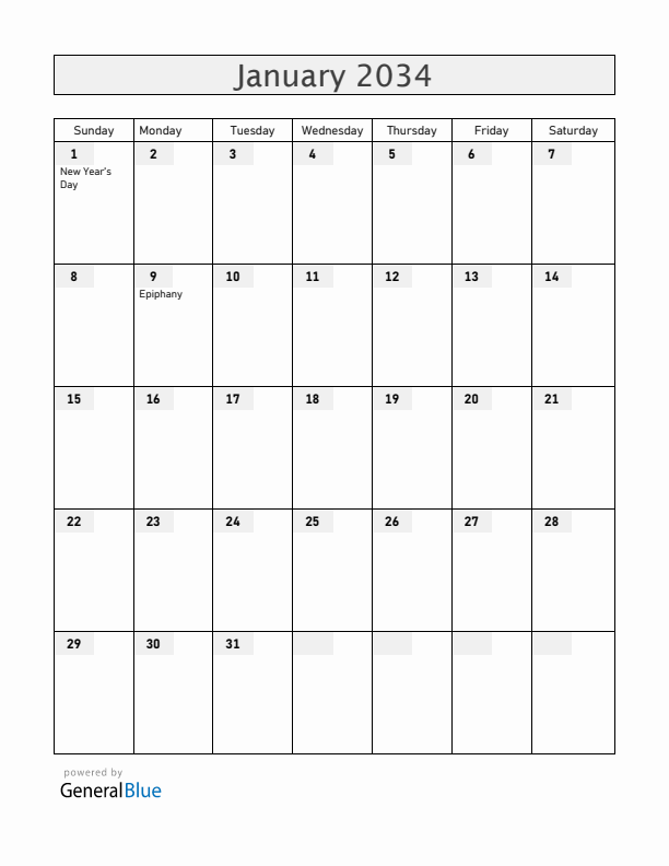 Colombia January 2034 Calendar with Holidays
