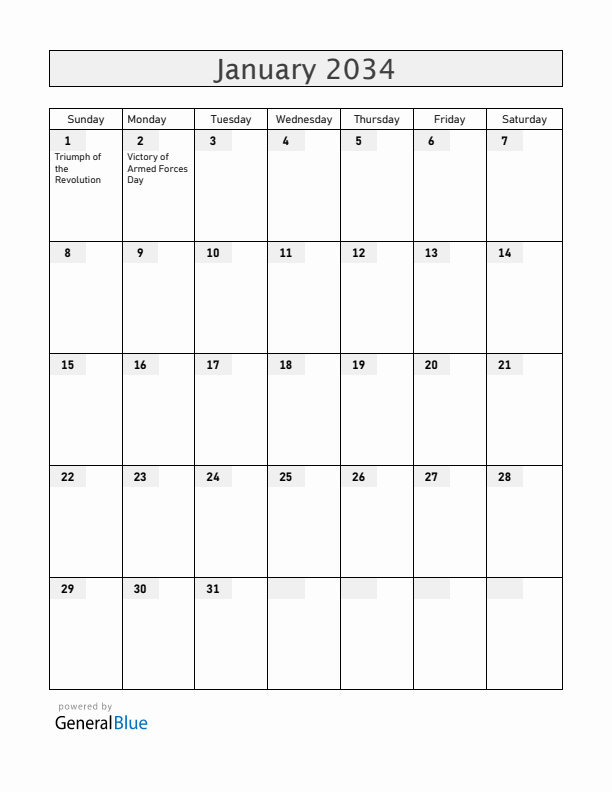 Cuba January 2034 Calendar with Holidays
