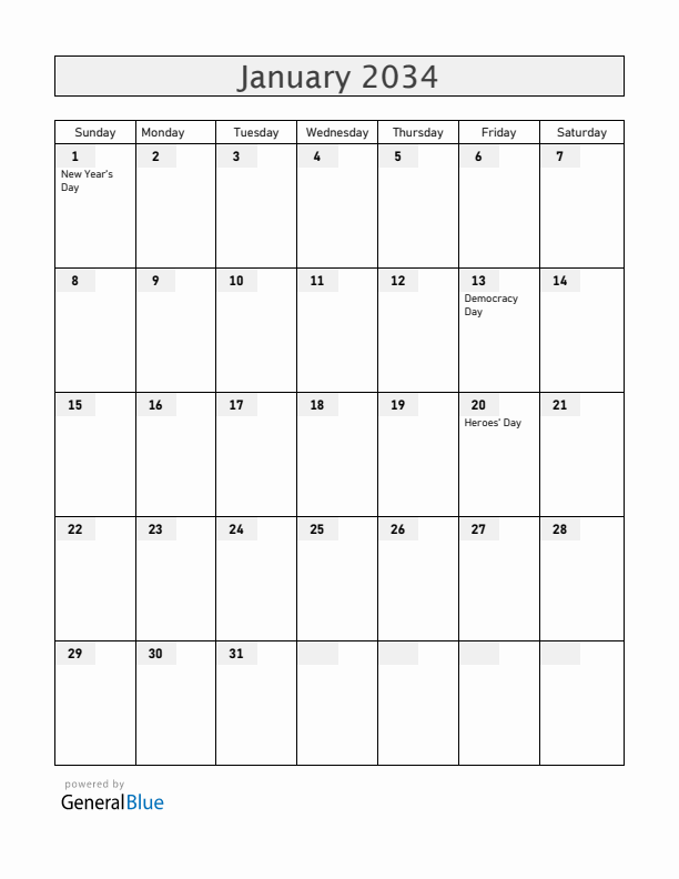 Cabo Verde January 2034 Calendar with Holidays