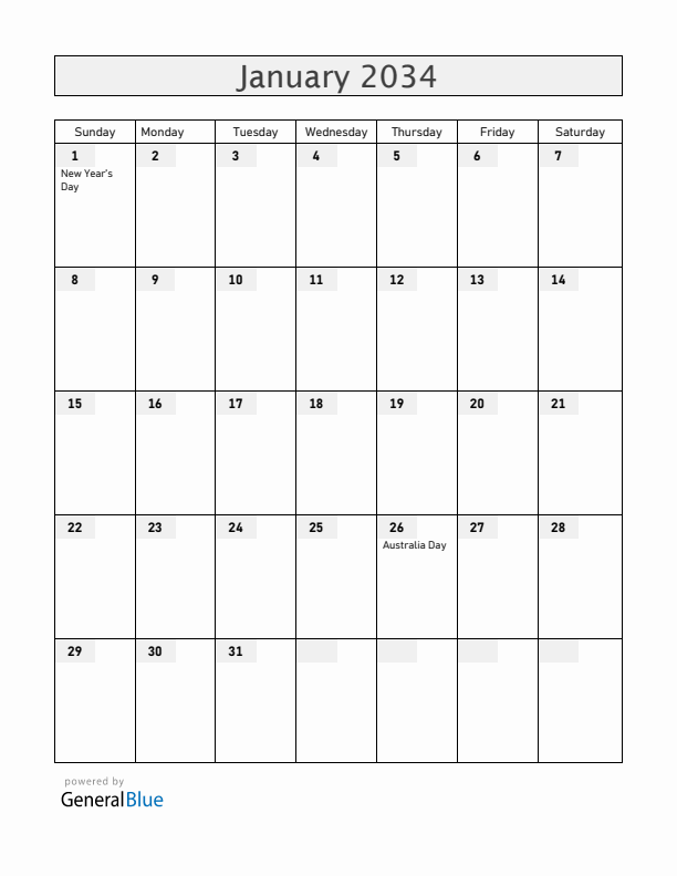 Christmas Island January 2034 Calendar with Holidays