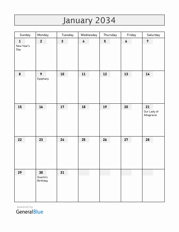 Dominican Republic January 2034 Calendar with Holidays