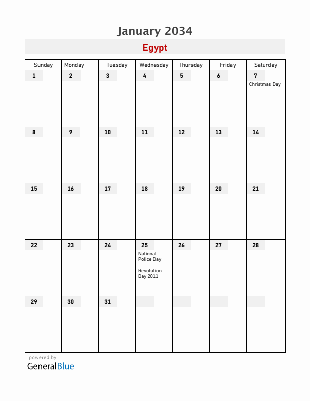 Egypt January 2034 Calendar with Holidays