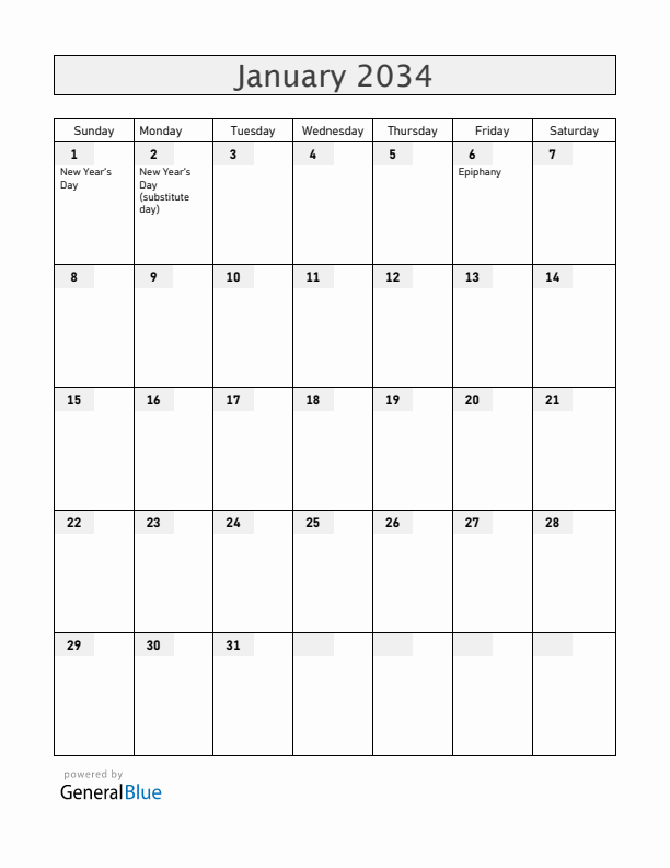 Spain January 2034 Calendar with Holidays