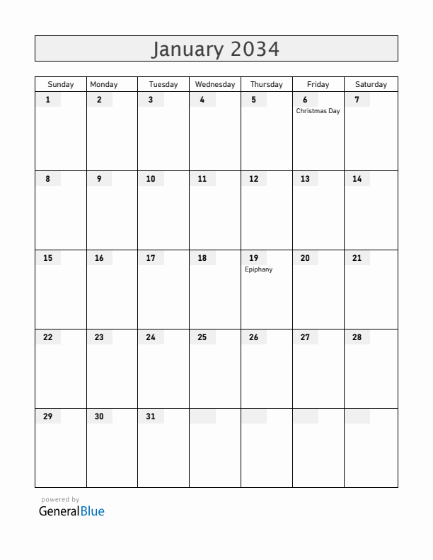 Ethiopia January 2034 Calendar with Holidays