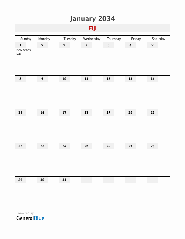 Fiji January 2034 Calendar with Holidays