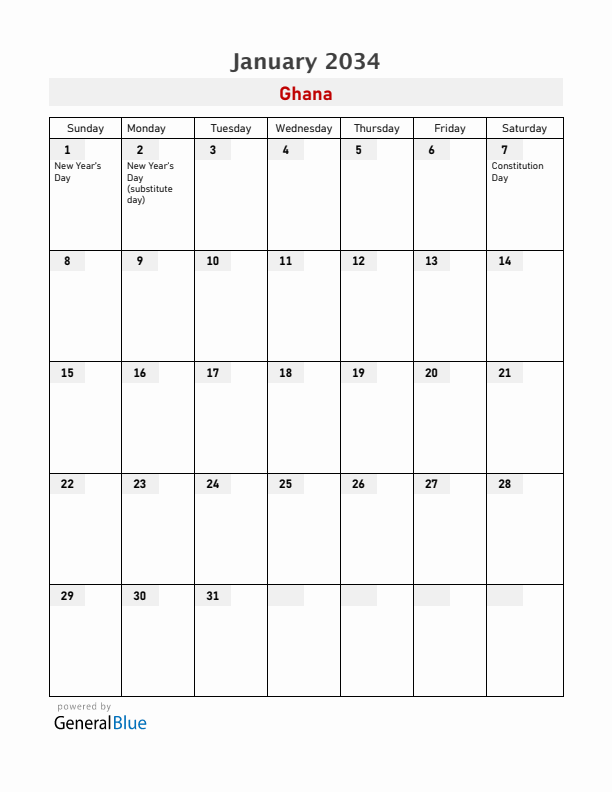 Ghana January 2034 Calendar with Holidays