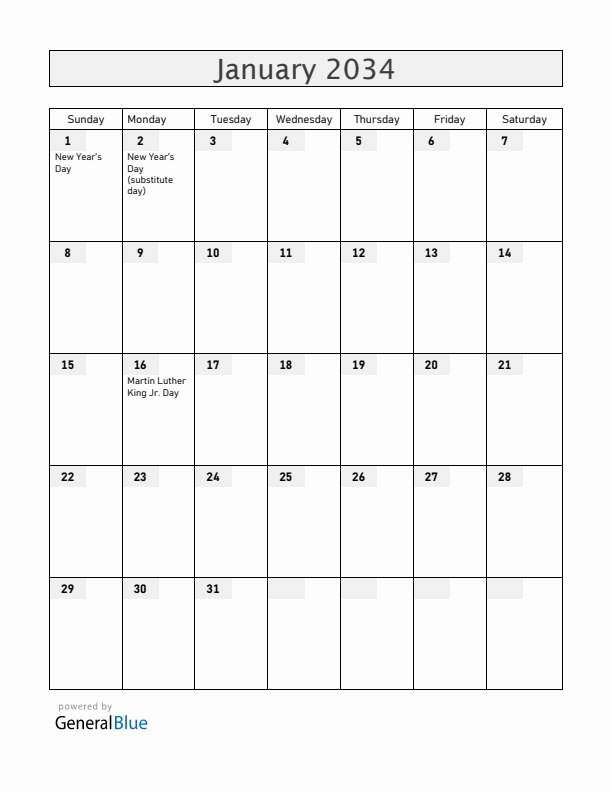 Guam January 2034 Calendar with Holidays