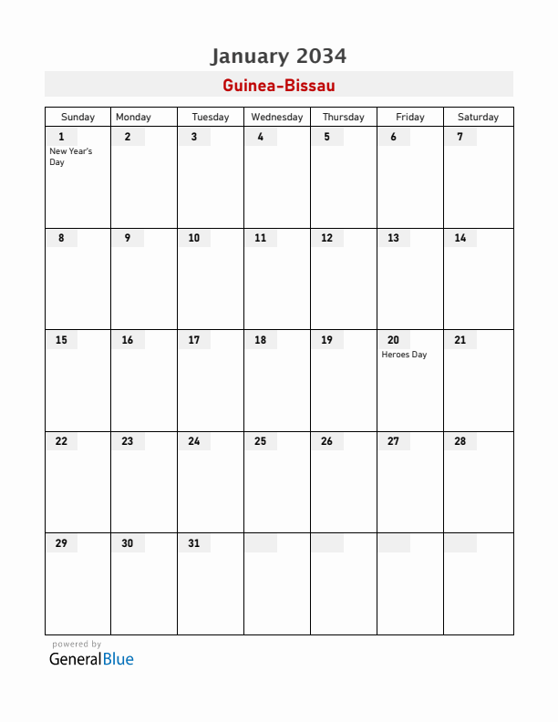 Guinea-Bissau January 2034 Calendar with Holidays