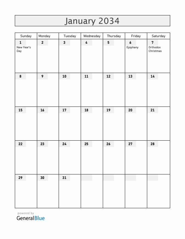 Croatia January 2034 Calendar with Holidays