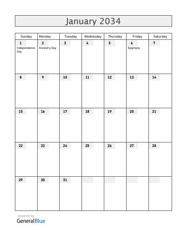 Haiti January 2034 Calendar with Holidays