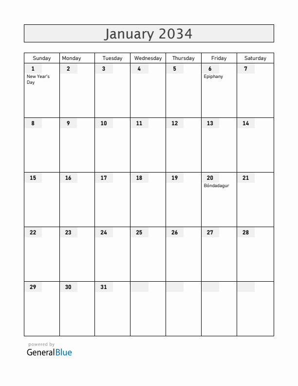 Iceland January 2034 Calendar with Holidays