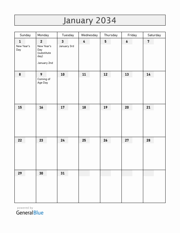 Japan January 2034 Calendar with Holidays