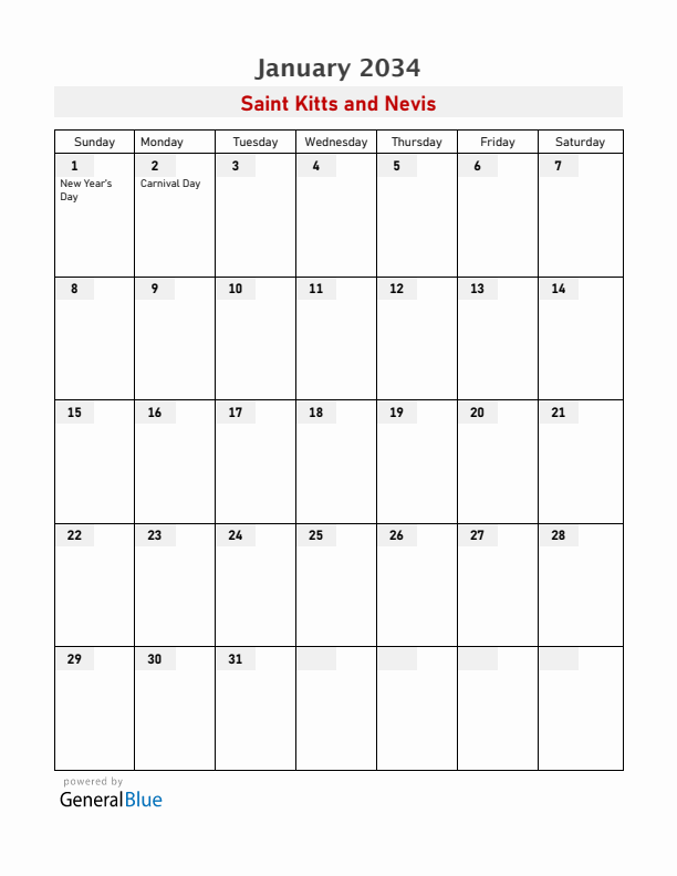 Saint Kitts and Nevis January 2034 Calendar with Holidays