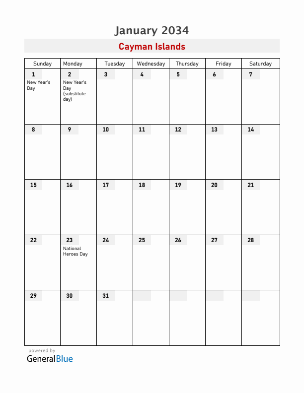 Cayman Islands January 2034 Calendar with Holidays