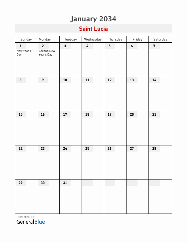 Saint Lucia January 2034 Calendar with Holidays