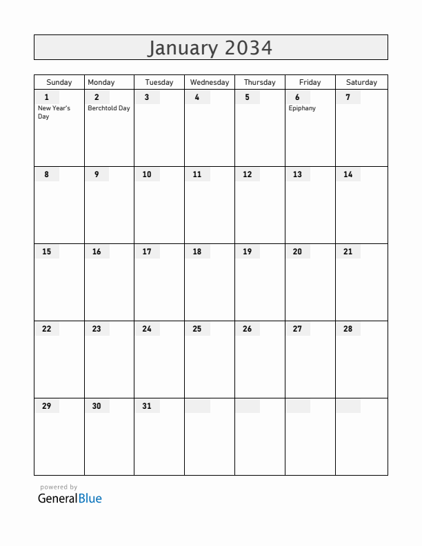 Liechtenstein January 2034 Calendar with Holidays