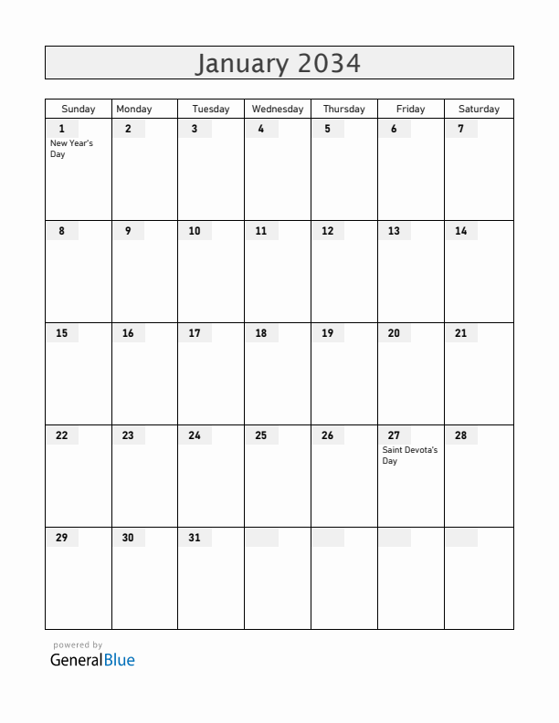 Monaco January 2034 Calendar with Holidays