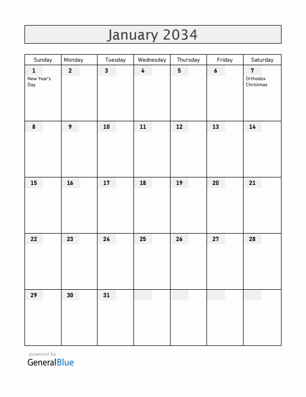 Moldova January 2034 Calendar with Holidays