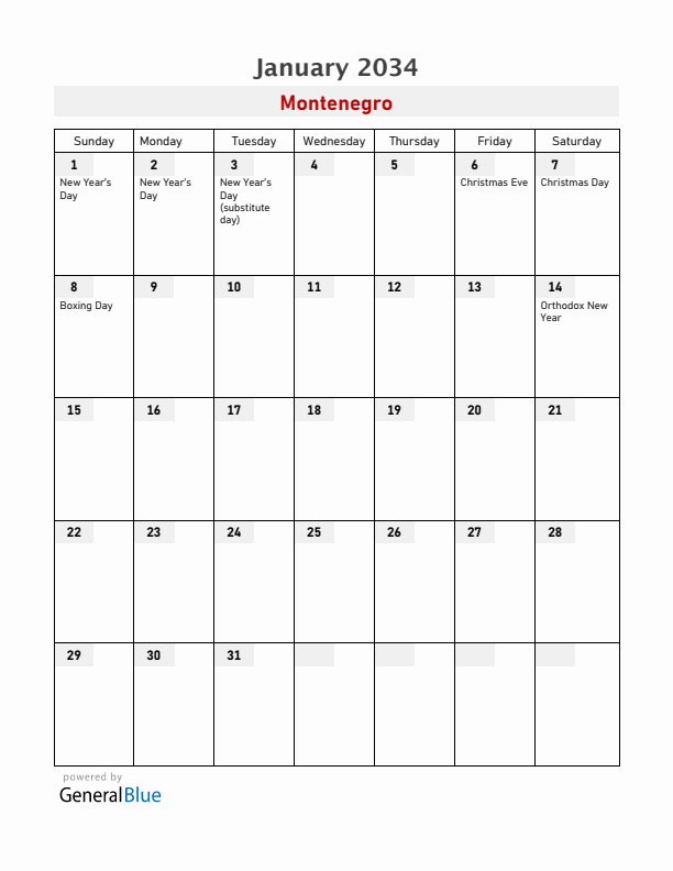 Montenegro January 2034 Calendar with Holidays