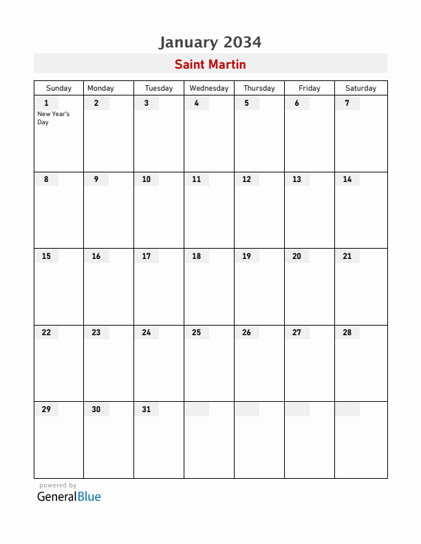 Saint Martin January 2034 Calendar with Holidays